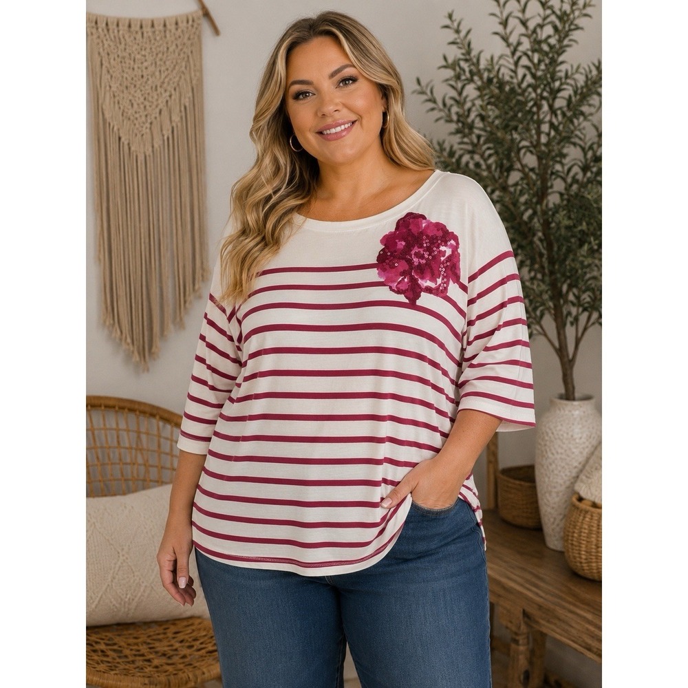 COLDWATER CREEK Magenta/white Striped Top Sequin Flower 2X 3/4 Sleeve -2739‎